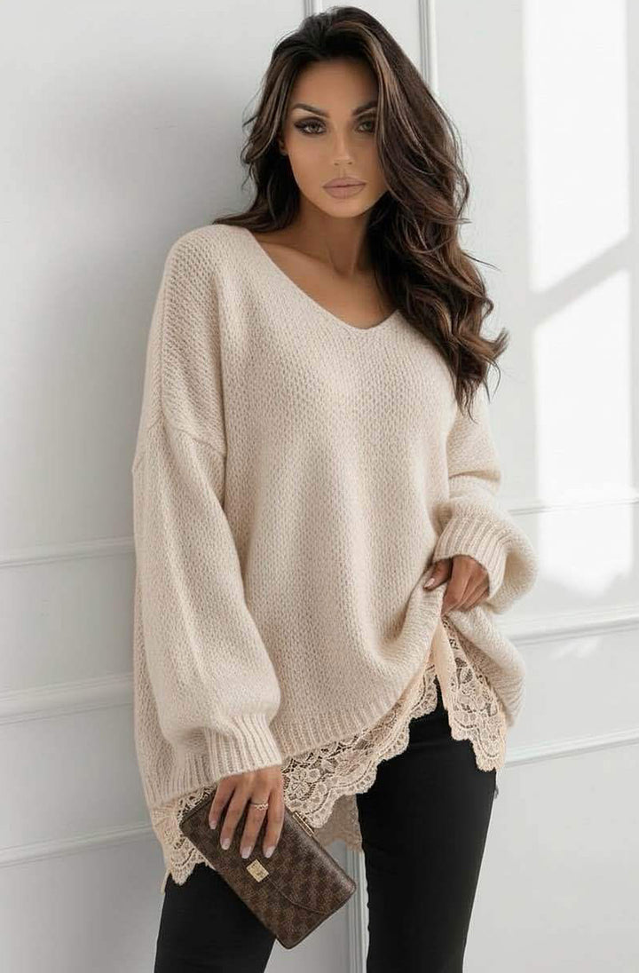 Sola Oversized V Neck Lace Hem  Knitted Sweater Jumper