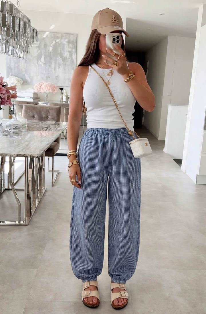 Soleia Gingham Drawstring Balloon Leg Pocket Trousers