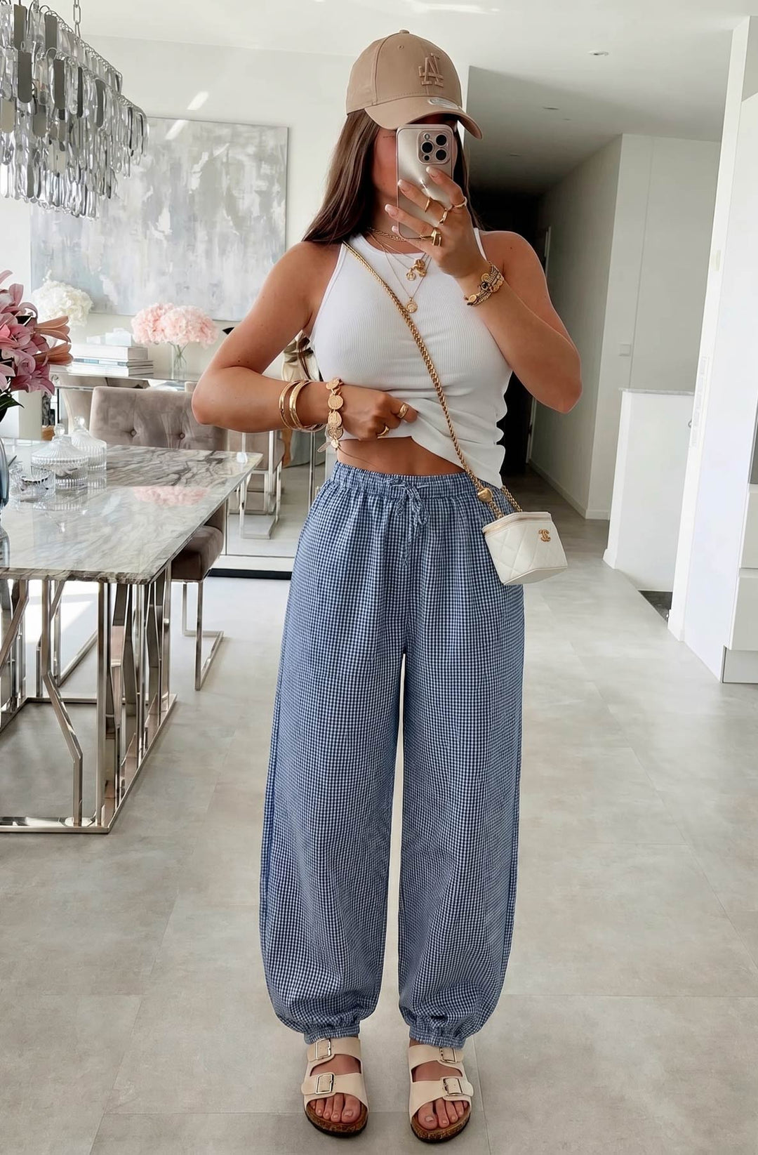 Soleia Gingham Drawstring Balloon Leg Pocket Trousers