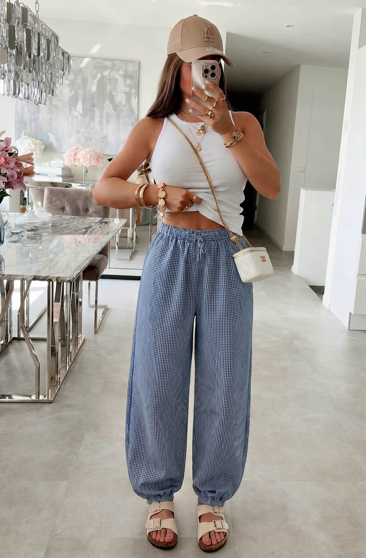 Soleia Gingham Drawstring Balloon Leg Pocket Trousers
