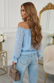 Soleil Floral Textured Bardot Off Shoulder Blouse Top-Blue