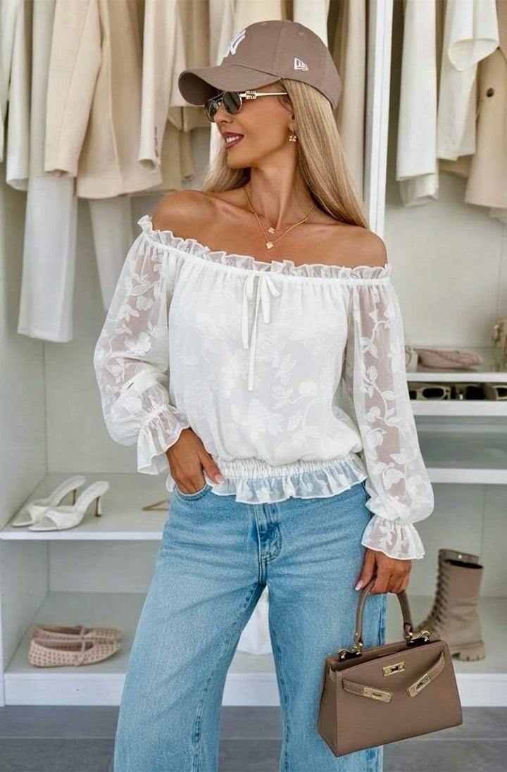 Soleil Floral Textured Bardot Off Shoulder Blouse Top-Ivory