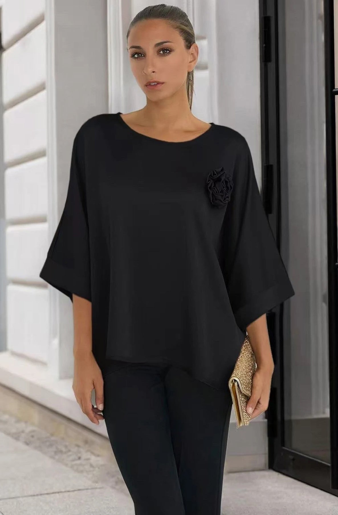 Sophia Satin Rose Blouse Top-Black