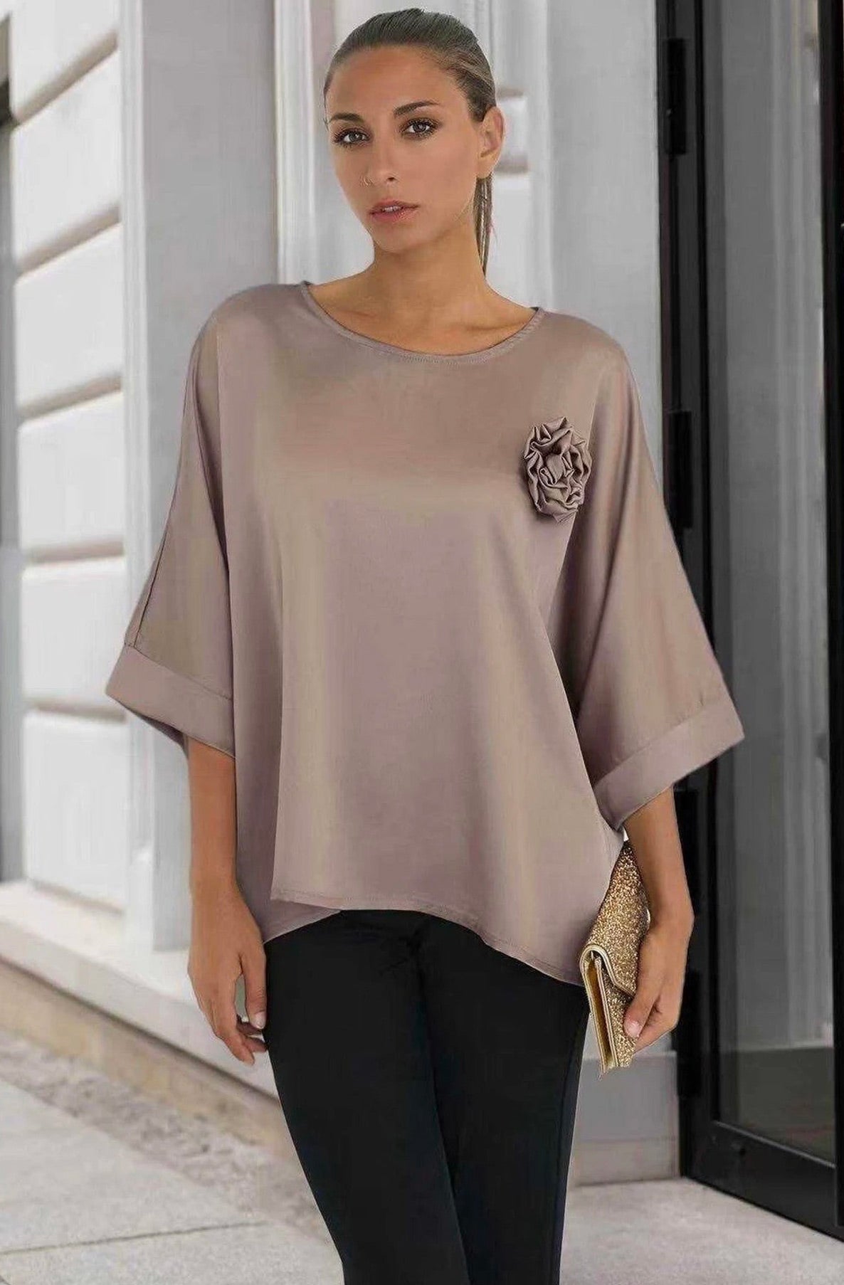Sophia Satin Rose Blouse Top-Mocha