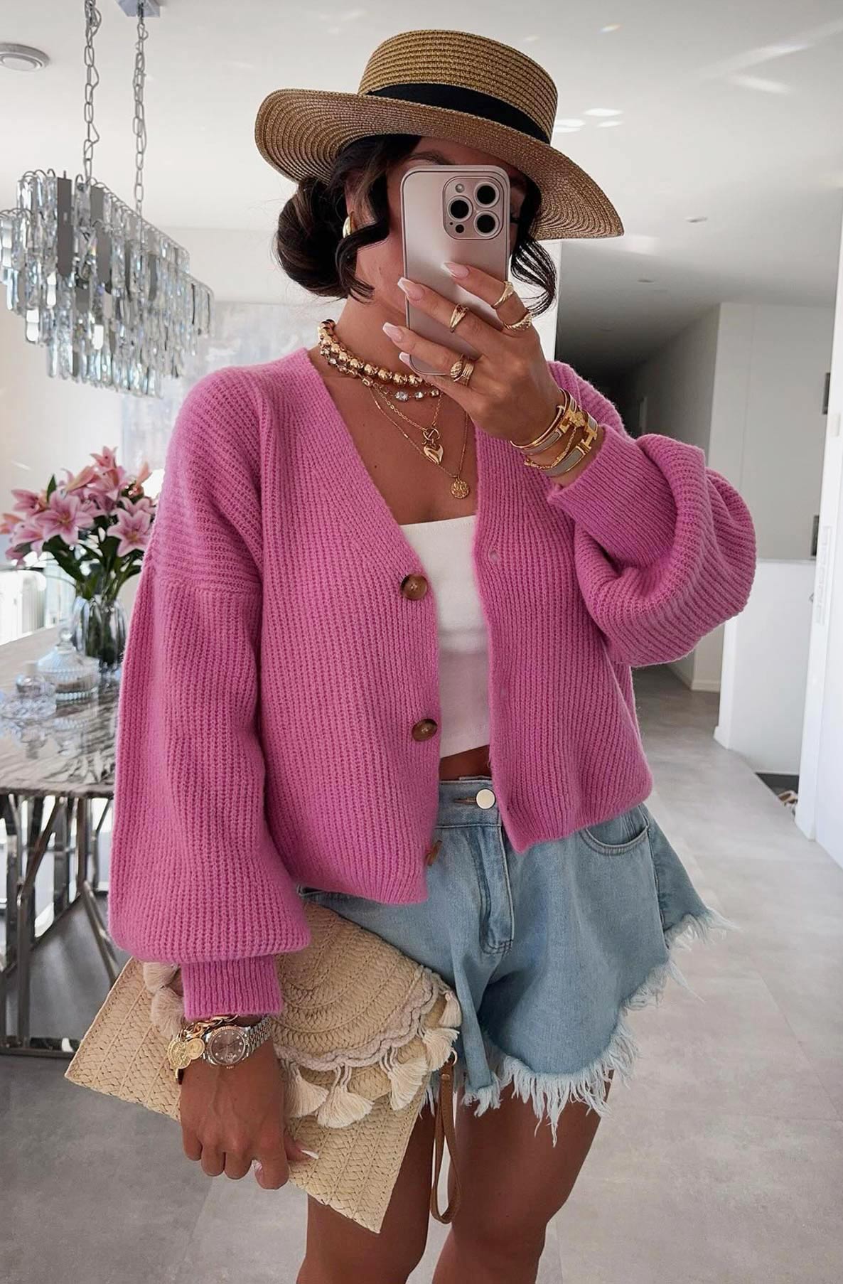 Sophie Knitted Cardigan-Dark Pink