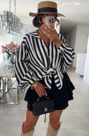 Stacey Striped Oversized Cotton Gauze Style Shirt Top-Black