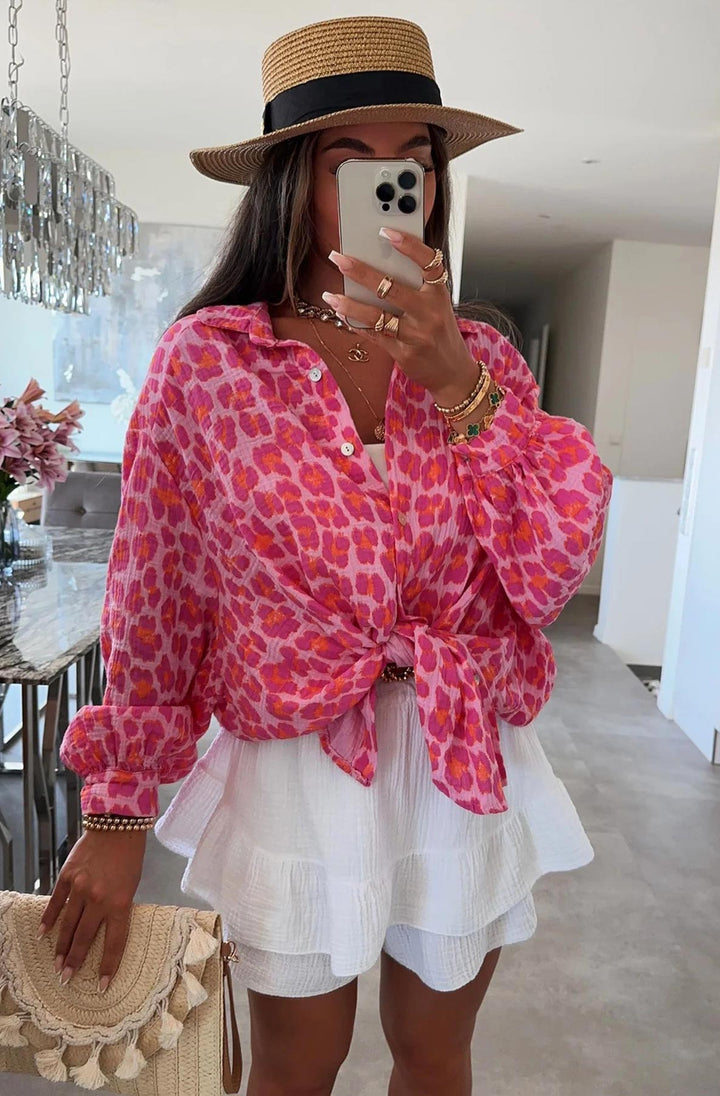 Stacey Animal Oversized Cotton Gauze Style Shirt Top - Pink