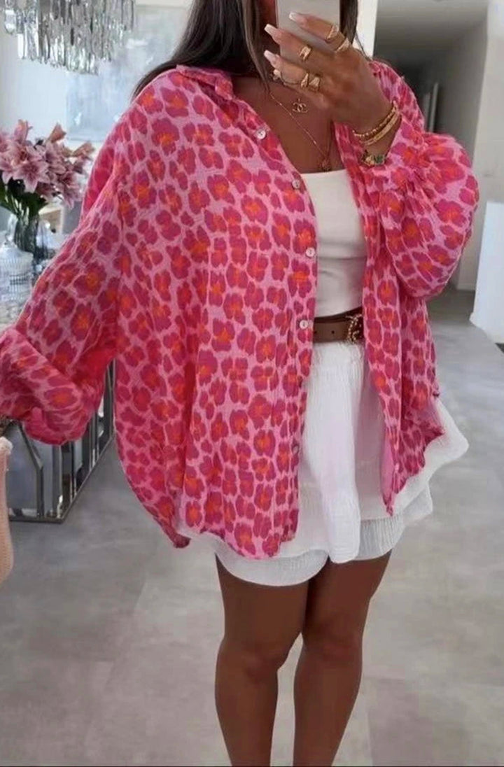 Stacey Animal Oversized Cotton Gauze Style Shirt Top - Pink