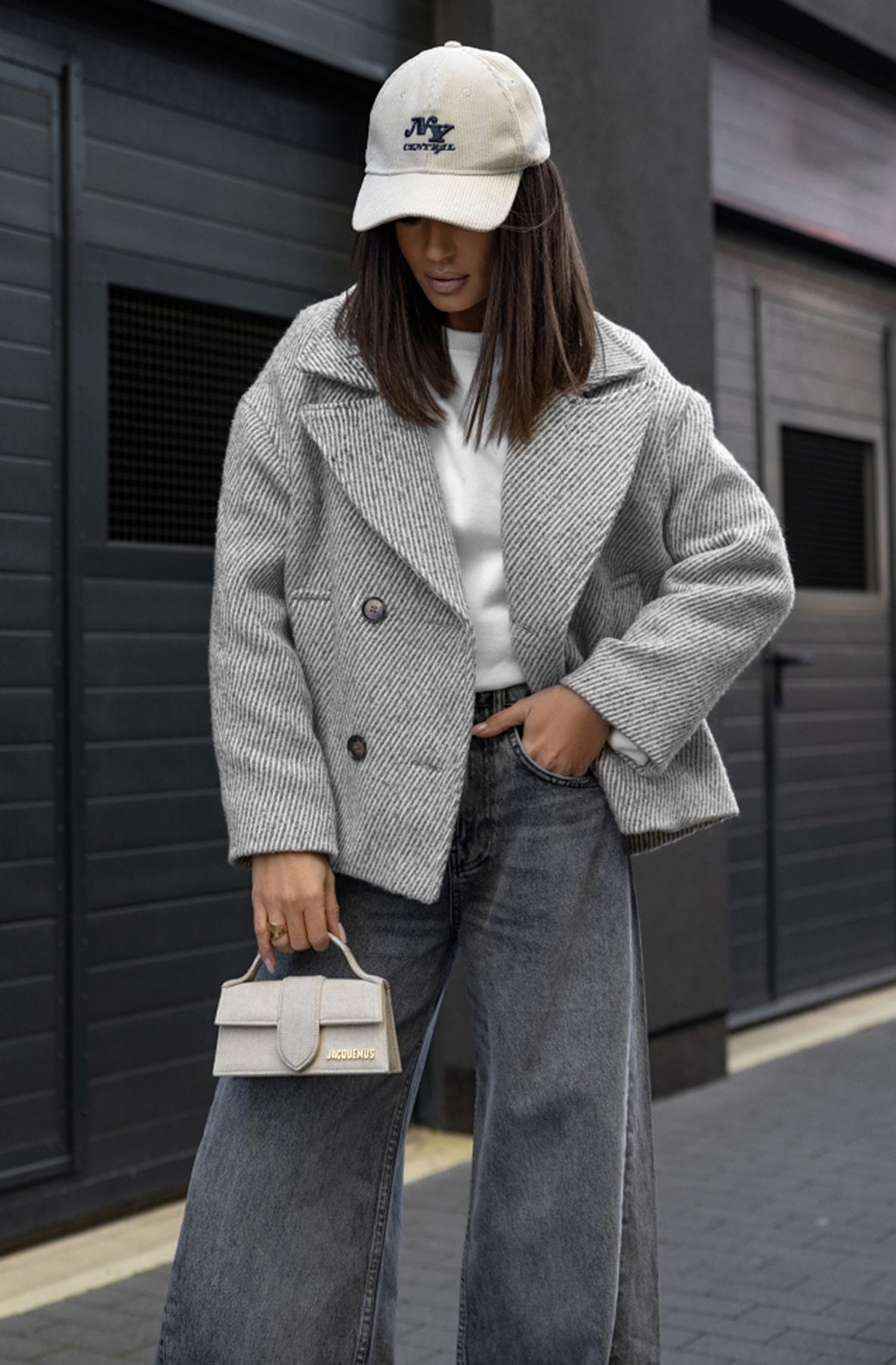 Stella Striped Oversized Collar Coat-Grey