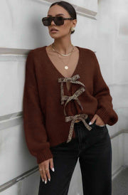 Stephanie Leopard Tie-Up Knitted Cardigan-Brown