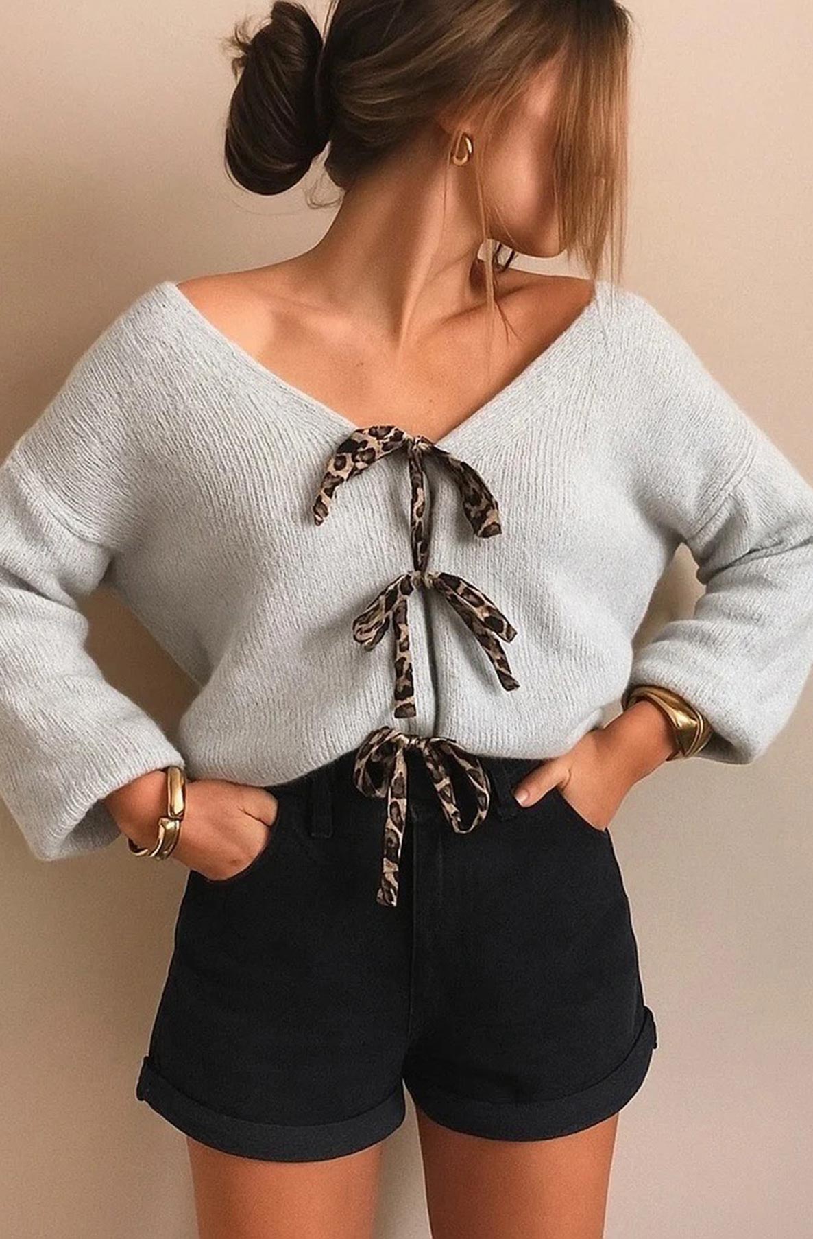 Stephanie Leopard Tie-Up Knitted Cardigan-Grey