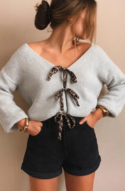 Stephanie Leopard Tie-Up Knitted Cardigan-Grey