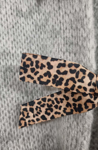 Stephanie Leopard Tie-Up Knitted Cardigan-Grey