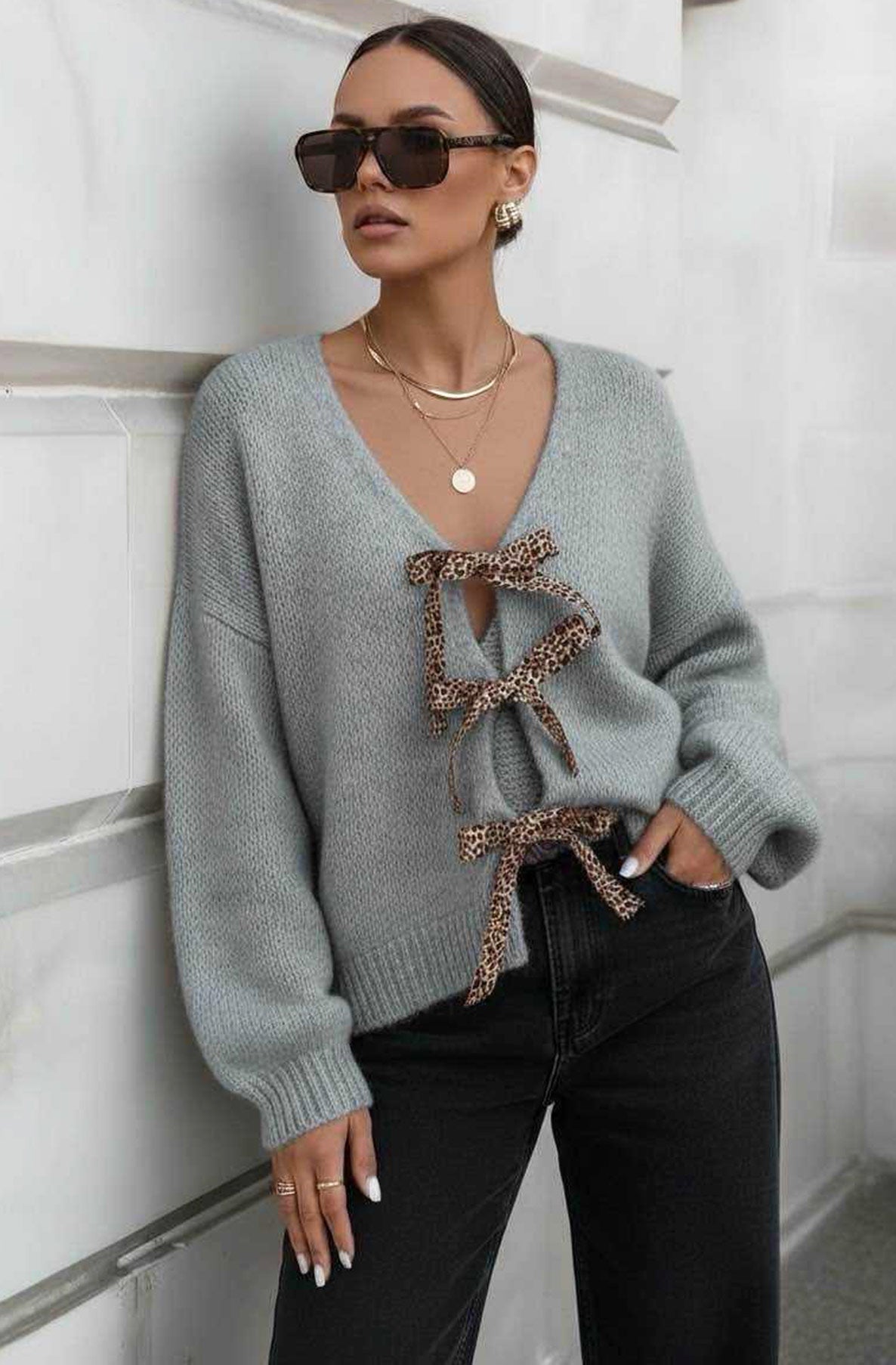 Stephanie Leopard Tie-Up Knitted Cardigan-Grey