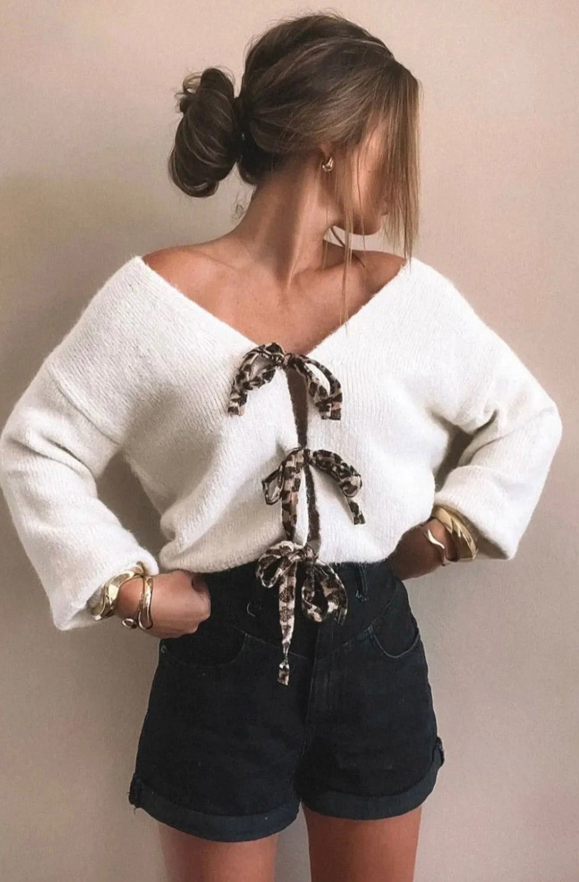 Stephanie Leopard Tie-Up Knitted Cardigan-Ivory