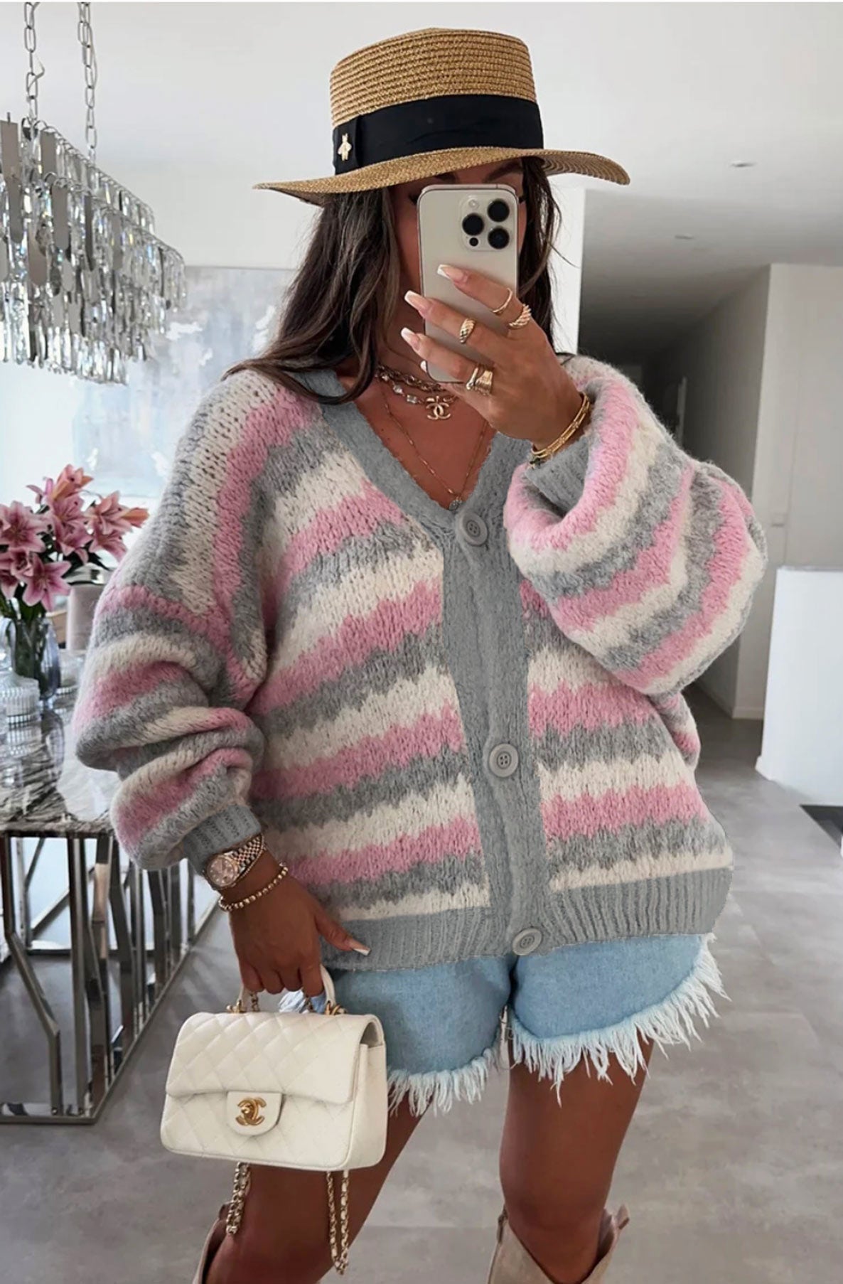 Tamara Contrast Patterned Knitted Cardigan-Grey