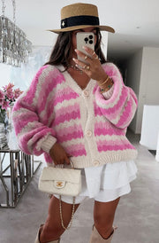 Tamara Contrast Patterned Knitted Cardigan-Pink