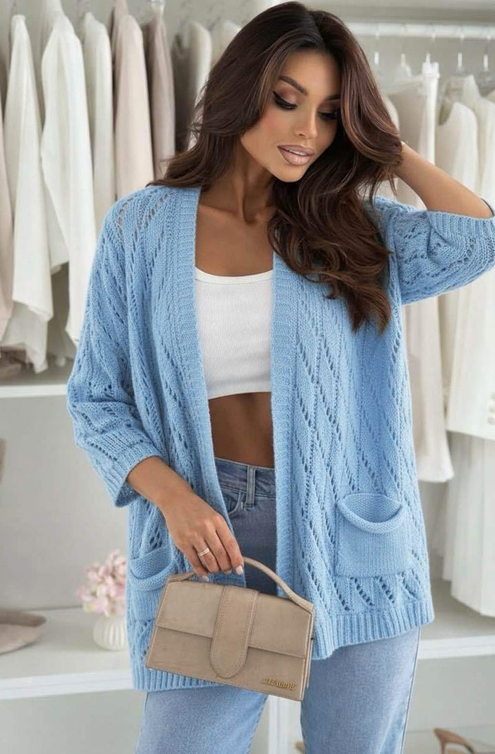Tavi Crochet Openwork Pocket Cardigan-Blue