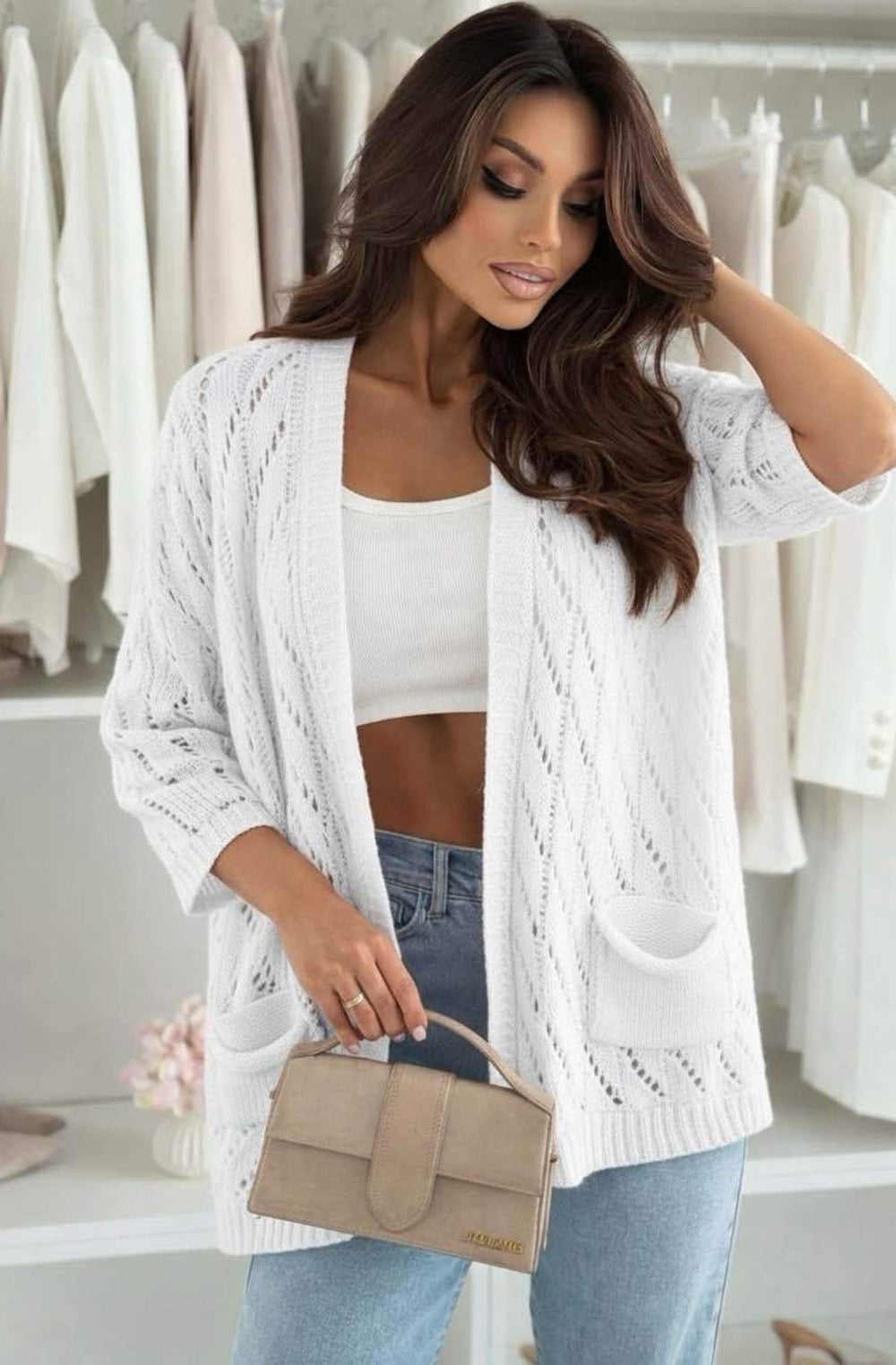 Tavi Crochet Openwork Pocket Cardigan - Ivory