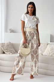 Taya Paisley Wide Leg Palazzo Trousers-Stone