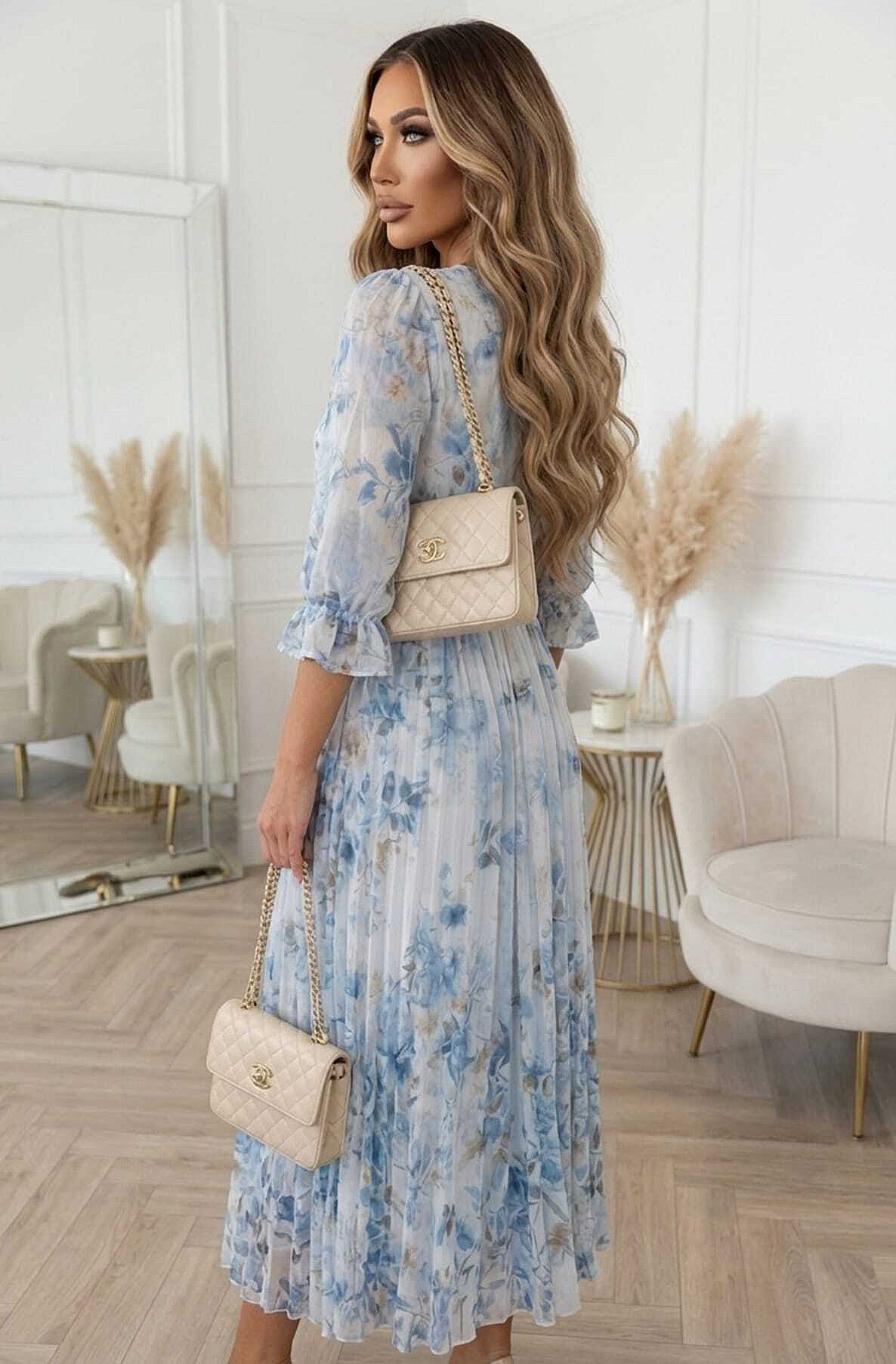 Teodora Rose Floral Pleated Belted Chiffon Maxi Dress – Catwalk