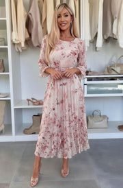 Teodora Rose Floral Pleated Belted Chiffon Maxi Dress-Mauve