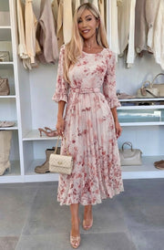 Teodora Rose Floral Pleated Belted Chiffon Maxi Dress-Mauve