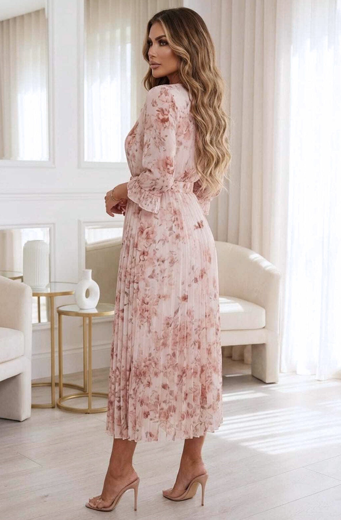 Teodora Rose Floral Pleated Belted Chiffon Maxi Dress – Catwalk