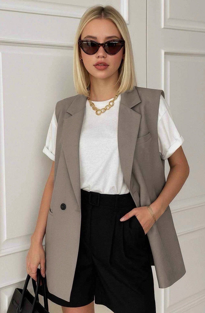 Tess Sleeveless Longline Blazer Vest-Mocha