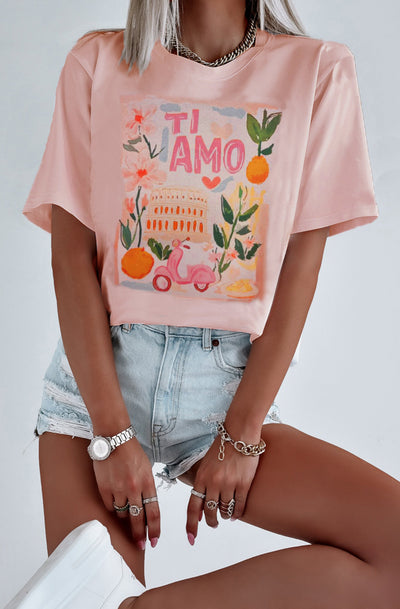 Ti Amo Graphic Print T-Shirt-Dusty Pink