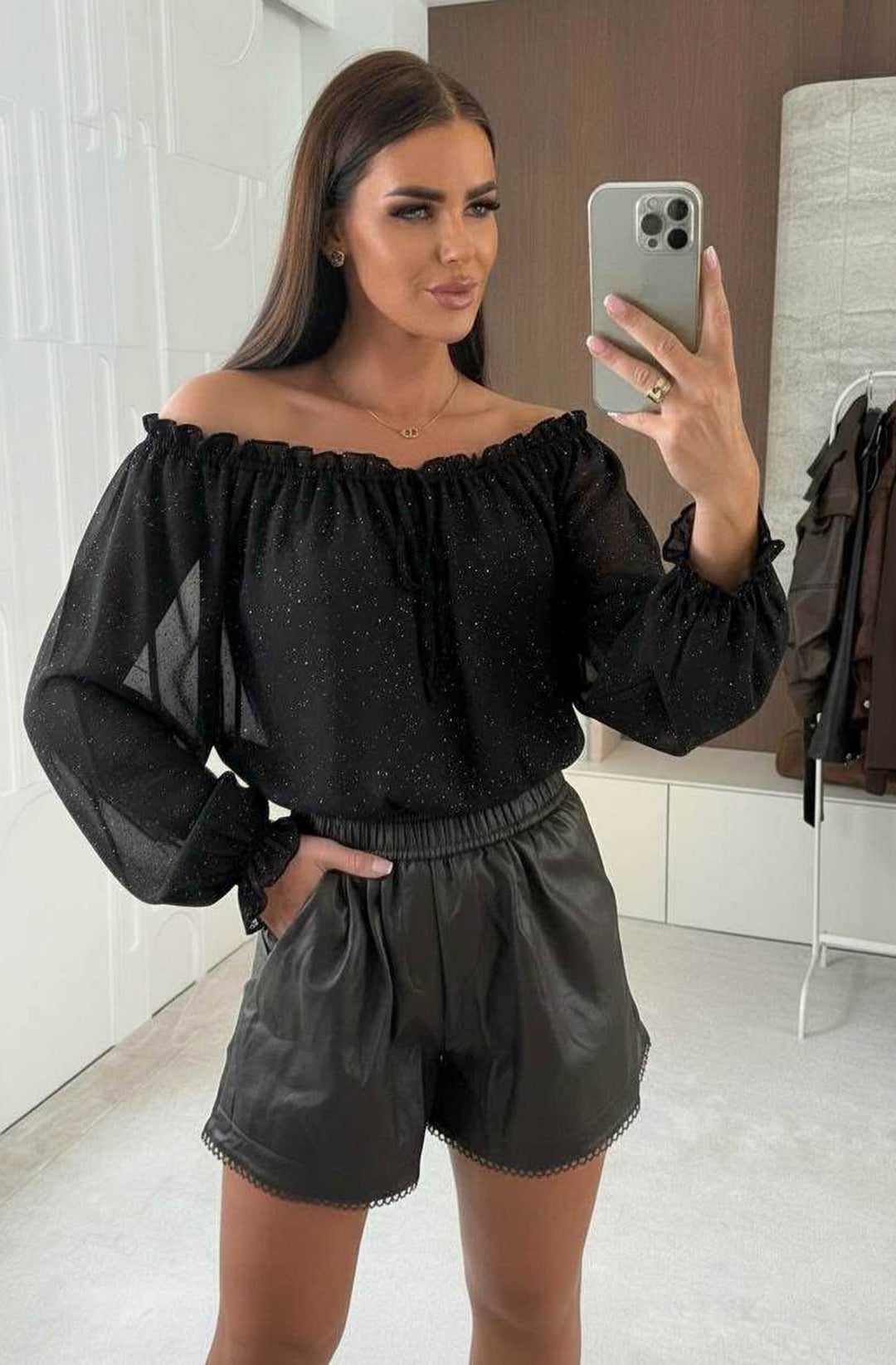 Tova Shimmer Off Shoulder Chiffon Blouse Top - Black