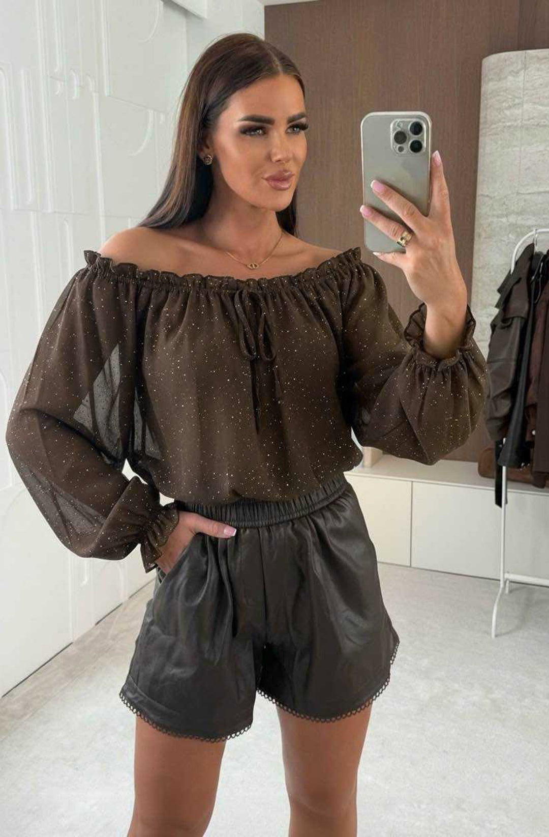 Tova Shimmer Off Shoulder Chiffon Blouse Top - Chocolate