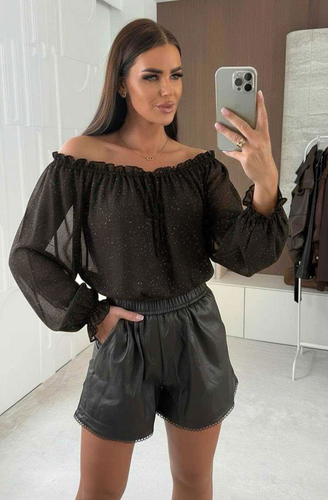 Tova Shimmer Off Shoulder Chiffon Blouse Top - Dark Brown