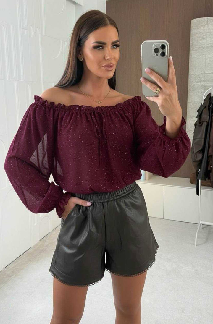 Tova Shimmer Off Shoulder Chiffon Blouse Top - Wine