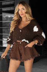 Trinnie Contrast Heart Patterned Knitted Cardigan-Dark Brown