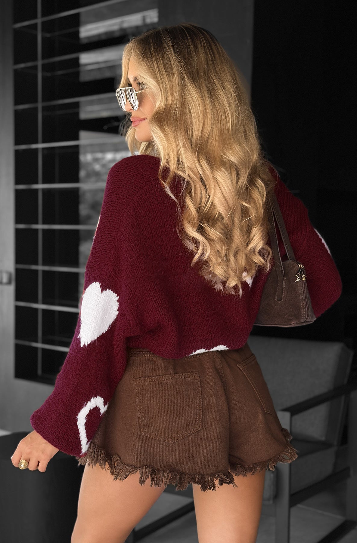 Trinnie Contrast Heart Patterned Knitted Cardigan-Wine
