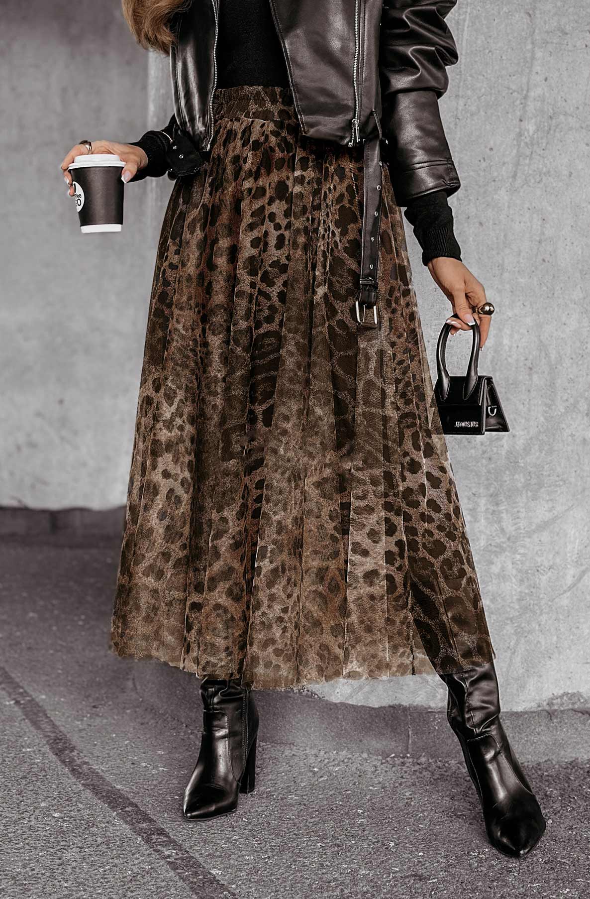 Trissy Layered Animal Print Mesh Midaxi Skirt-Brown