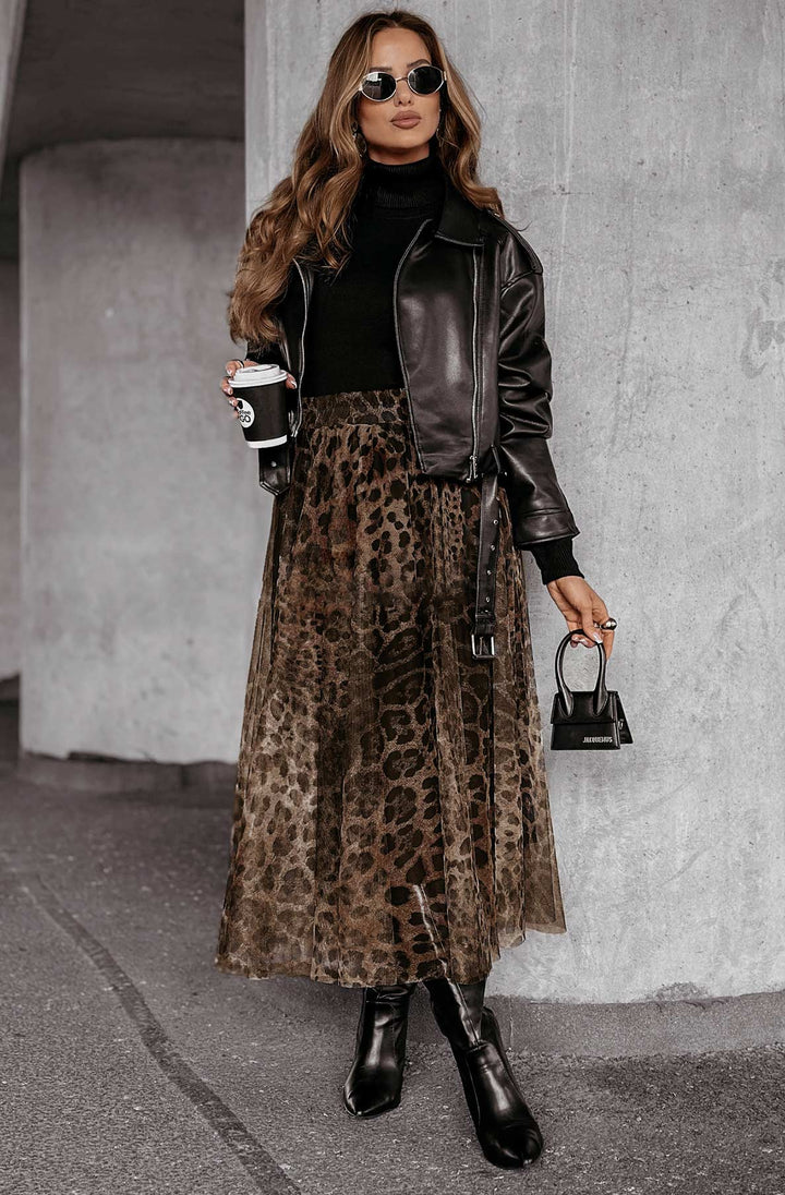 Trissy Layered Animal Print Mesh Midaxi Skirt-Brown