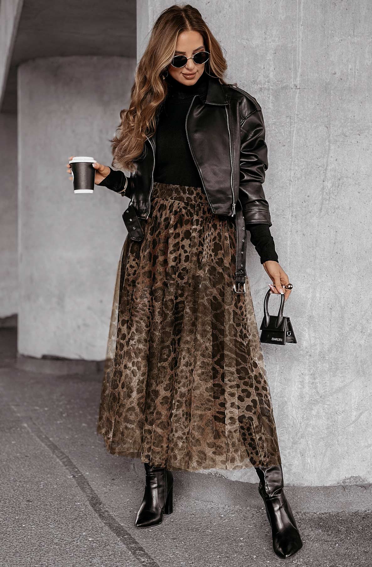 Trissy Layered Animal Print Mesh Midaxi Skirt-Brown