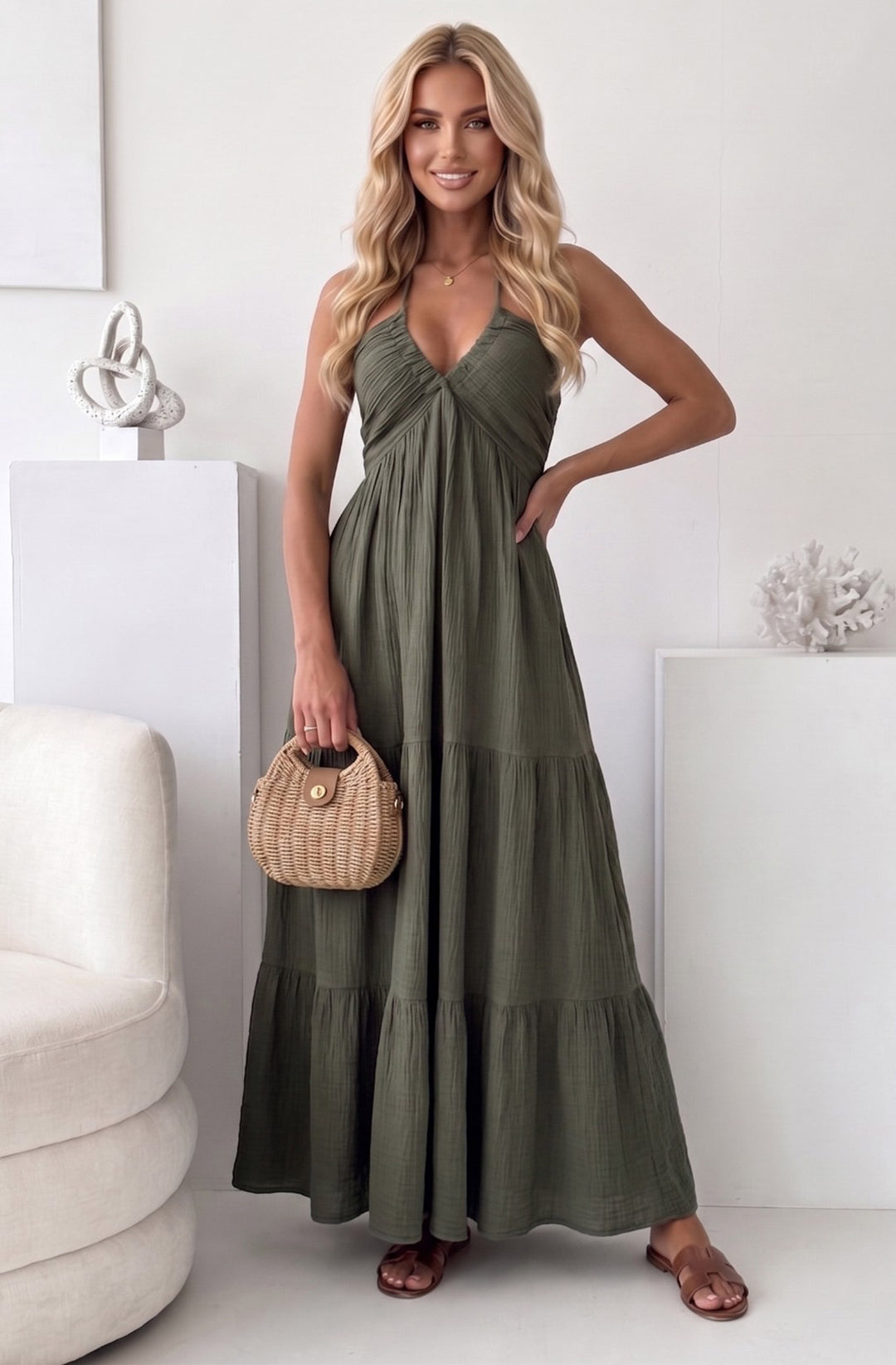 Trudie Halter Tiered Cotton Gauze Style Maxi Dress