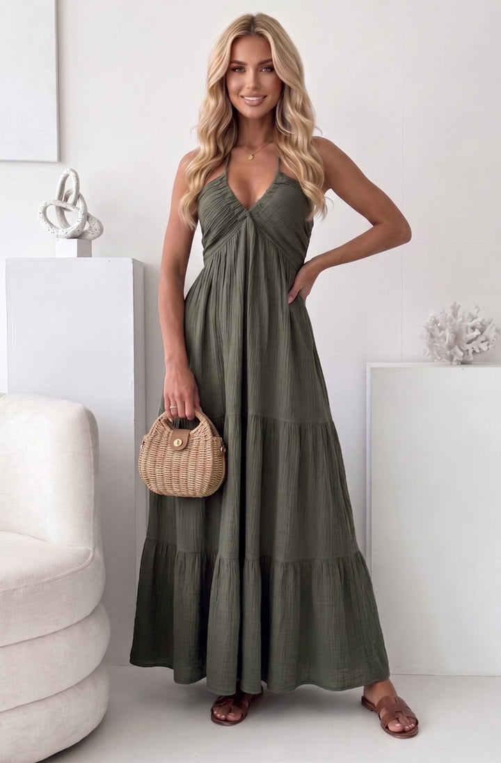 Trudie Halter Tiered Cotton Gauze Style Maxi Dress