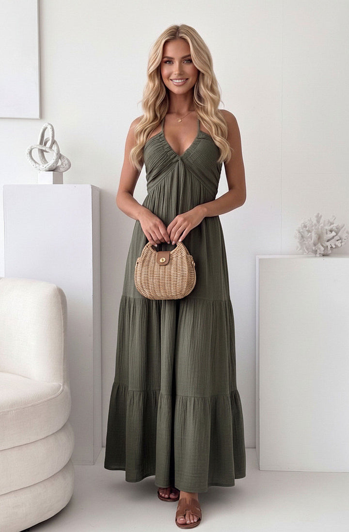 Trudie Halter Tiered Cotton Gauze Style Maxi Dress