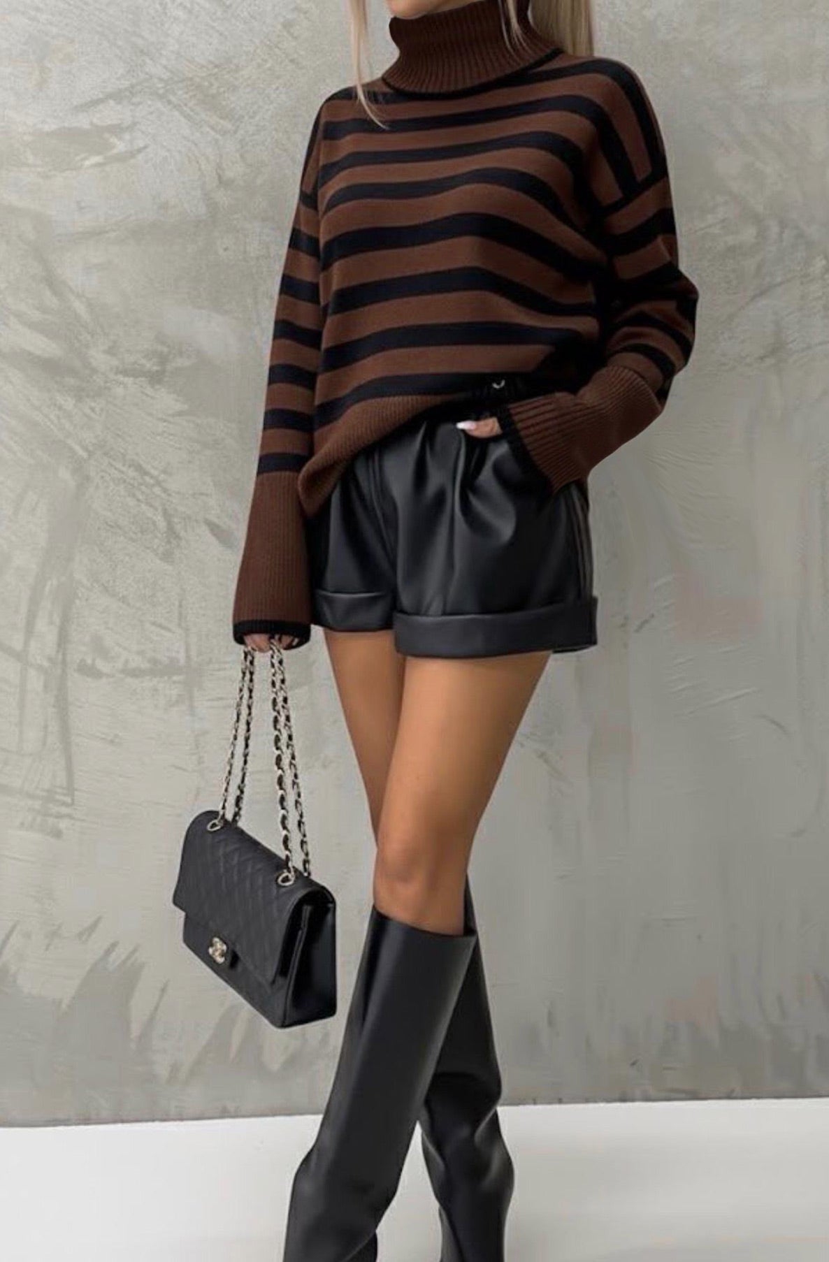 Tula Striped Turtleneck Knitted Jumper Top-Brown