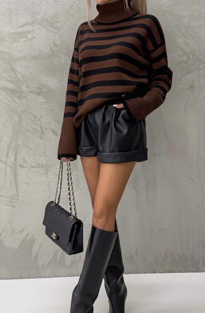 Tula Striped Turtleneck Knitted Jumper Top-Brown