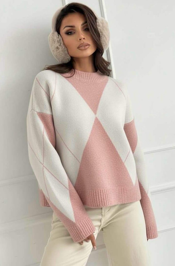 Vela Argyle Soft Knit Sweater Jumper-Pink