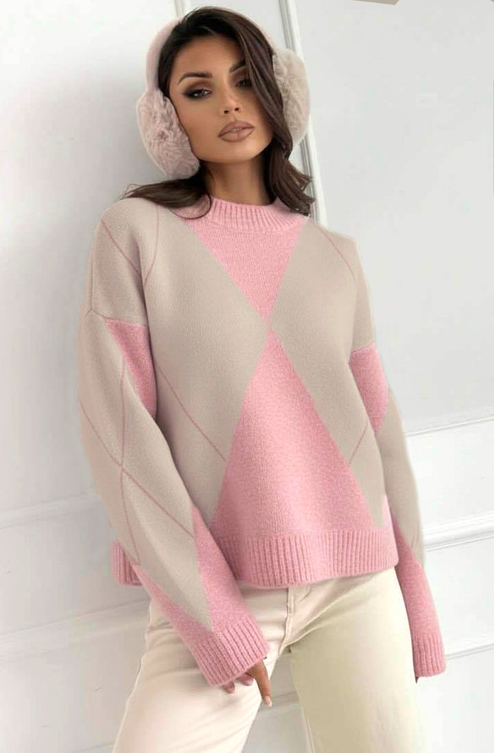 Vela Argyle Soft Knit Sweater Jumper-Pink