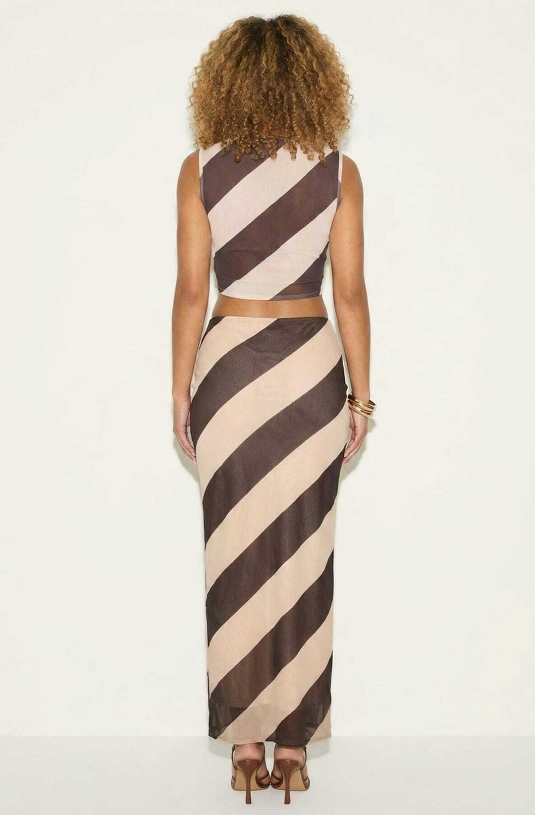 Valora Contrast Stripe Sheer Chiffon Crop Top &amp; Midi Skirt Set