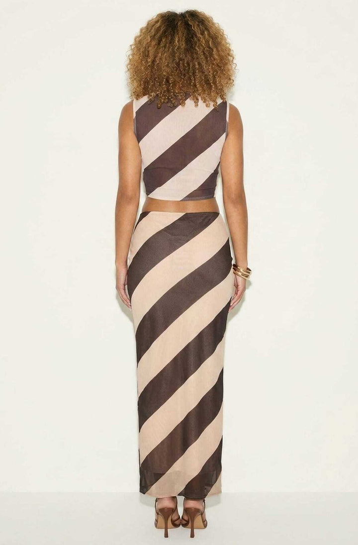 Valora Contrast Stripe Sheer Chiffon Crop Top &amp; Midi Skirt Set