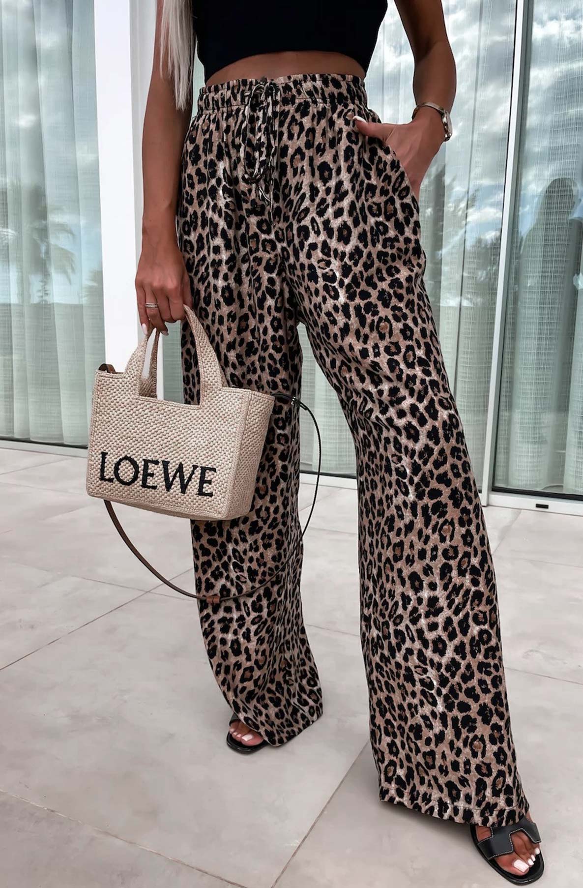 Veloria Wide Leg Drawstring Trousers-Brown