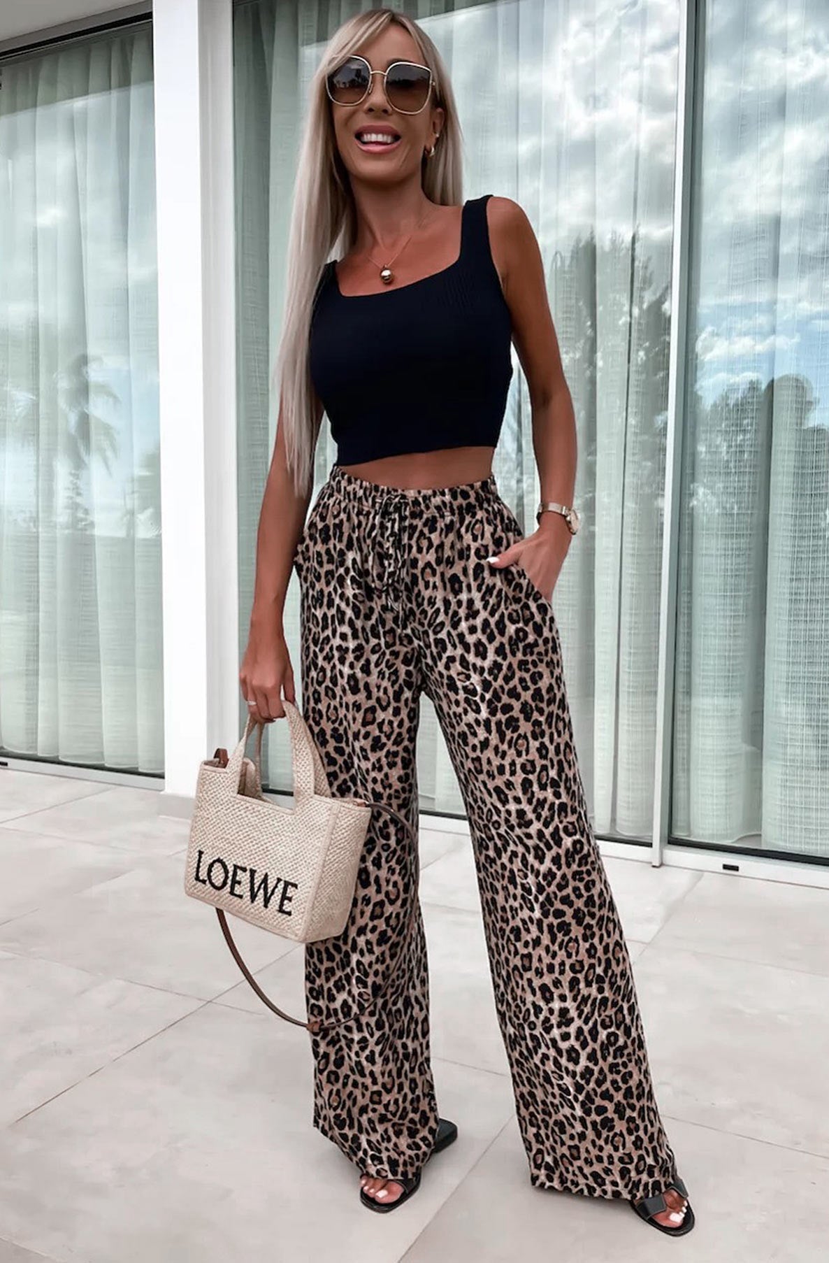 Veloria Wide Leg Drawstring Trousers-Brown